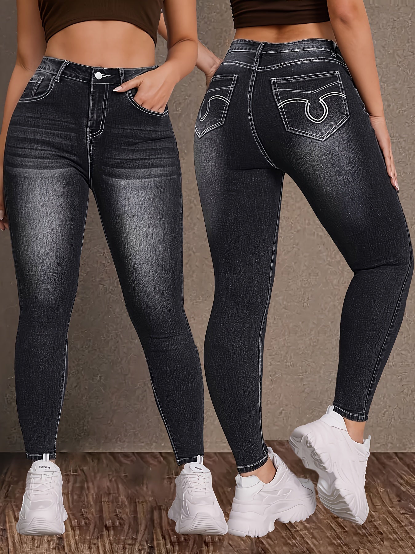 Vintage Black High-Waist Stretch Denim Jeans - Plus Size, Geometric Embroidery, Pockets, Rayon Blend