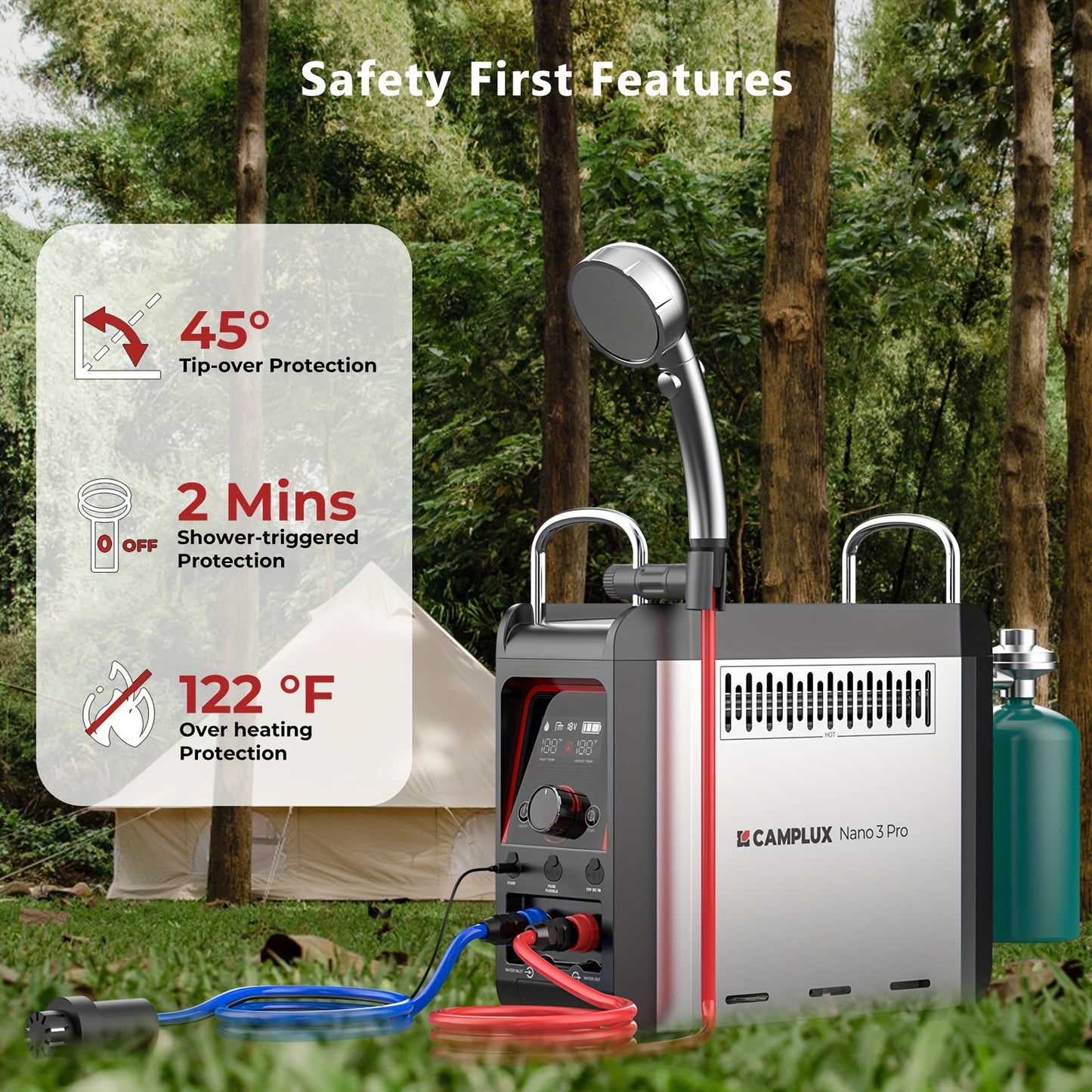 Portable Propane Water Heater & Shower Pump with Built-in 4000mAh Battery – Lightweight, Compact Design, Includes Flexible Charging Options