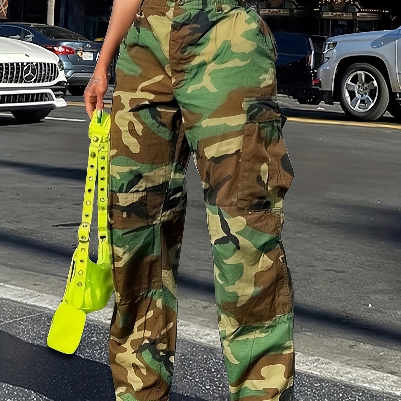 High-Waisted Women's Camo Cargo Pants, Polyester & Viscose Blend - Straight Fit, Machine Washable, with Pockets