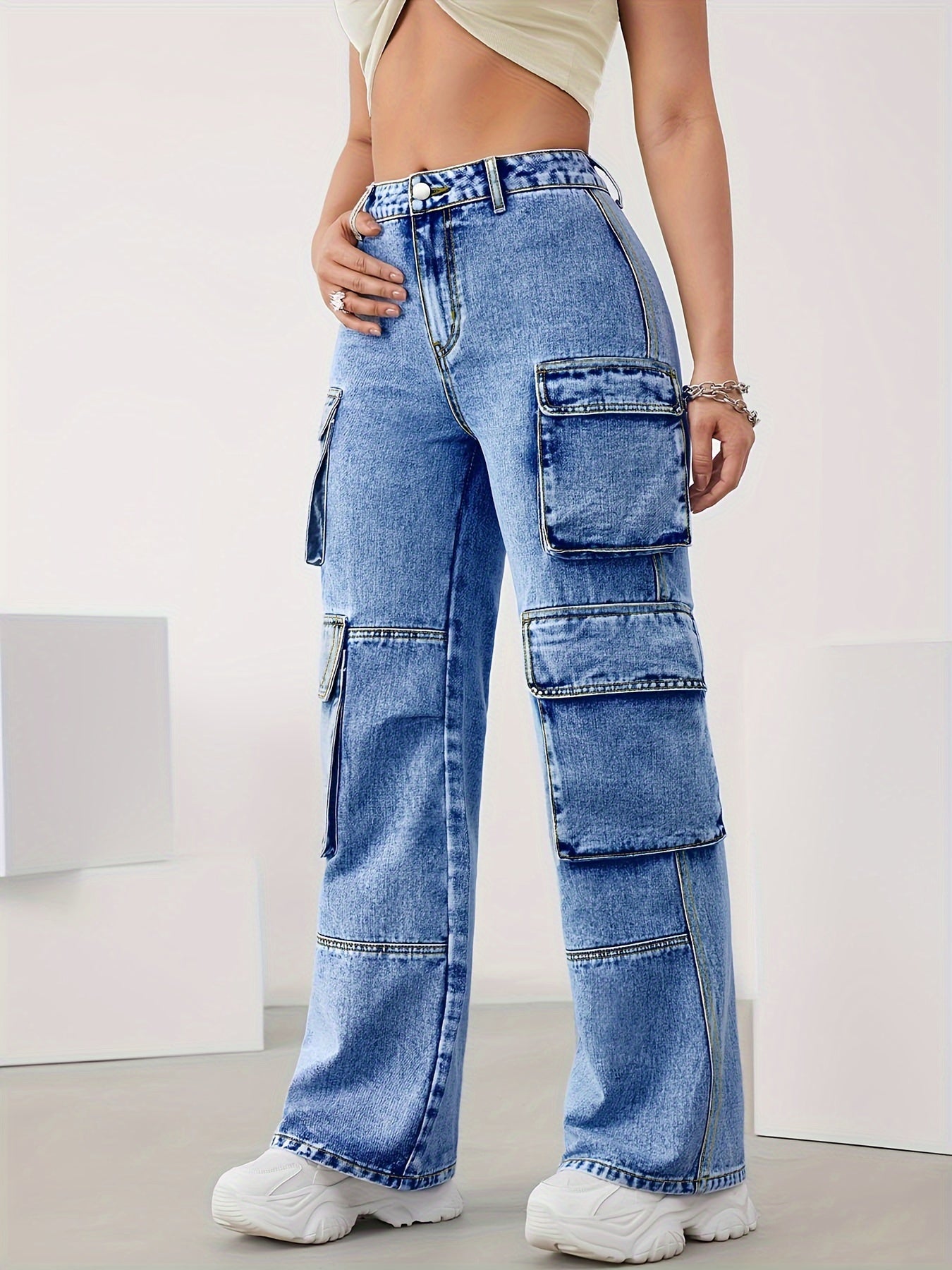 Plus Size High Waist Cargo Jeans - Multi-Pocket Design, High Stretch Denim, All-Season Long Length Pants