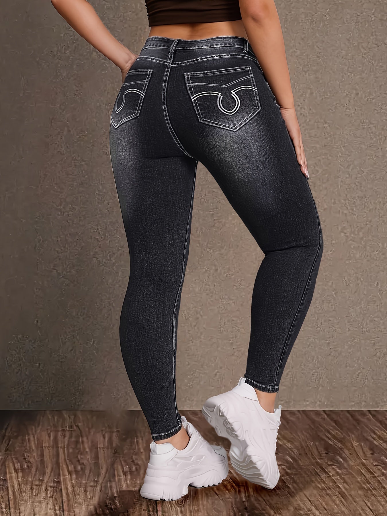 Vintage Black High-Waist Stretch Denim Jeans - Plus Size, Geometric Embroidery, Pockets, Rayon Blend