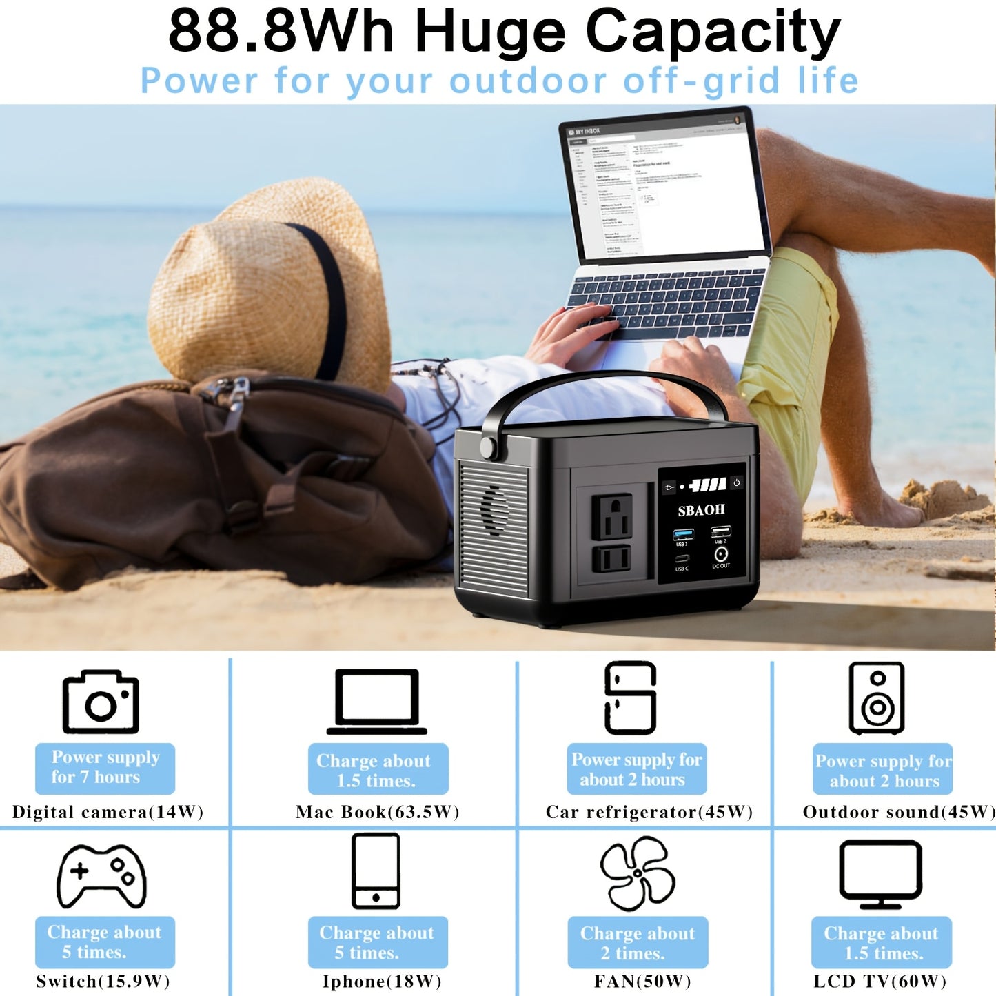 Portable Power Station 88.8WH, Solar Generator Lithium Battery Power 110V AC USB-C Power Delivery Solar Generator