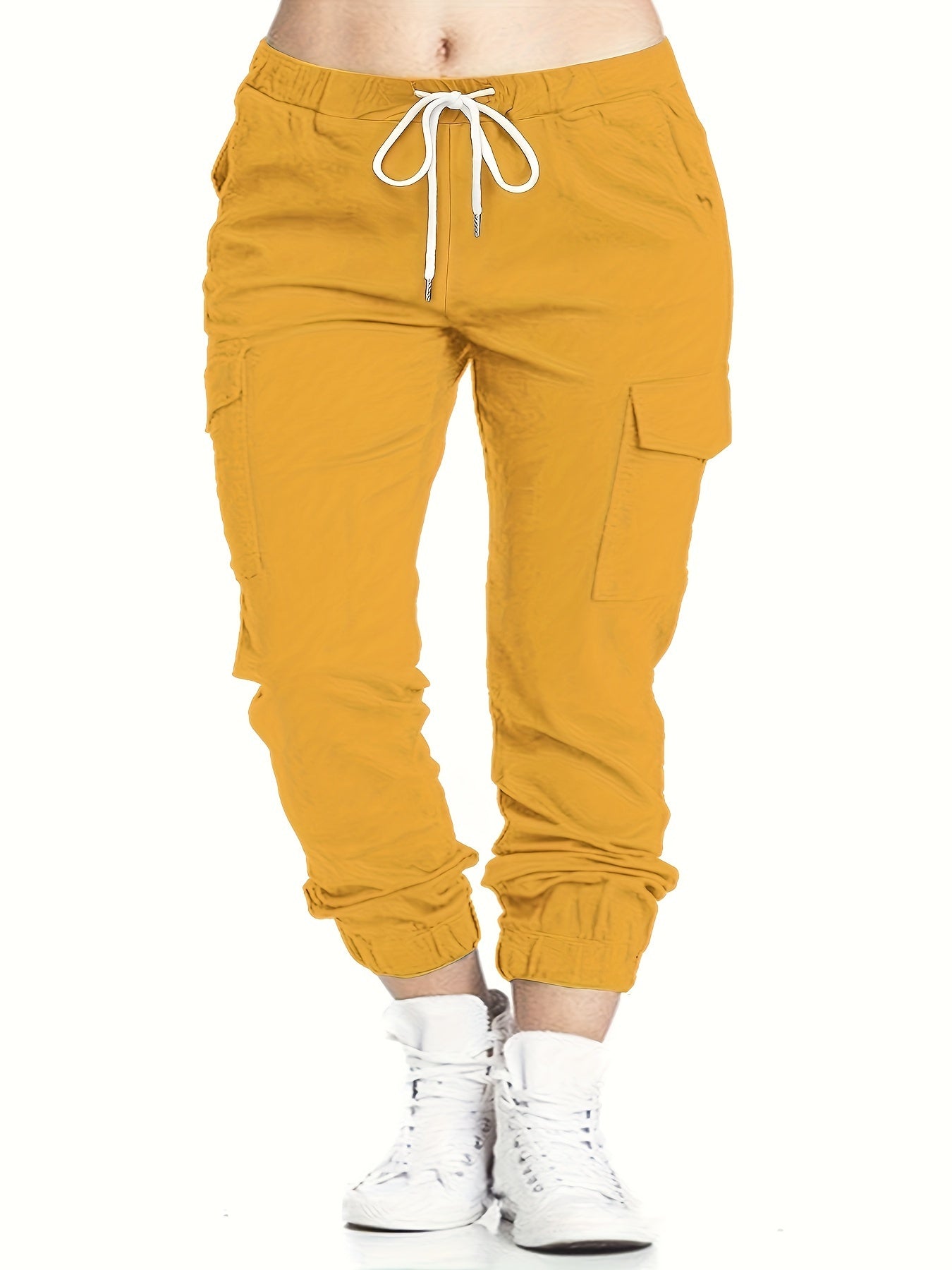 Plus Size Flap Pockets Fitted Bottom Cargo Pants, Drawstring Pants