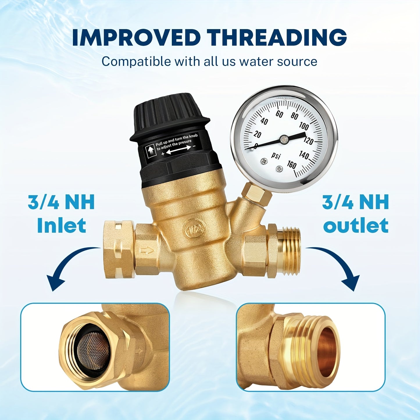 RV Water Pressure Regulator, Adjustable Handle Brass Lead-Free Reducer Valve, Water Pressure Regulator With Gauge And 2 Inlet Screened Filters