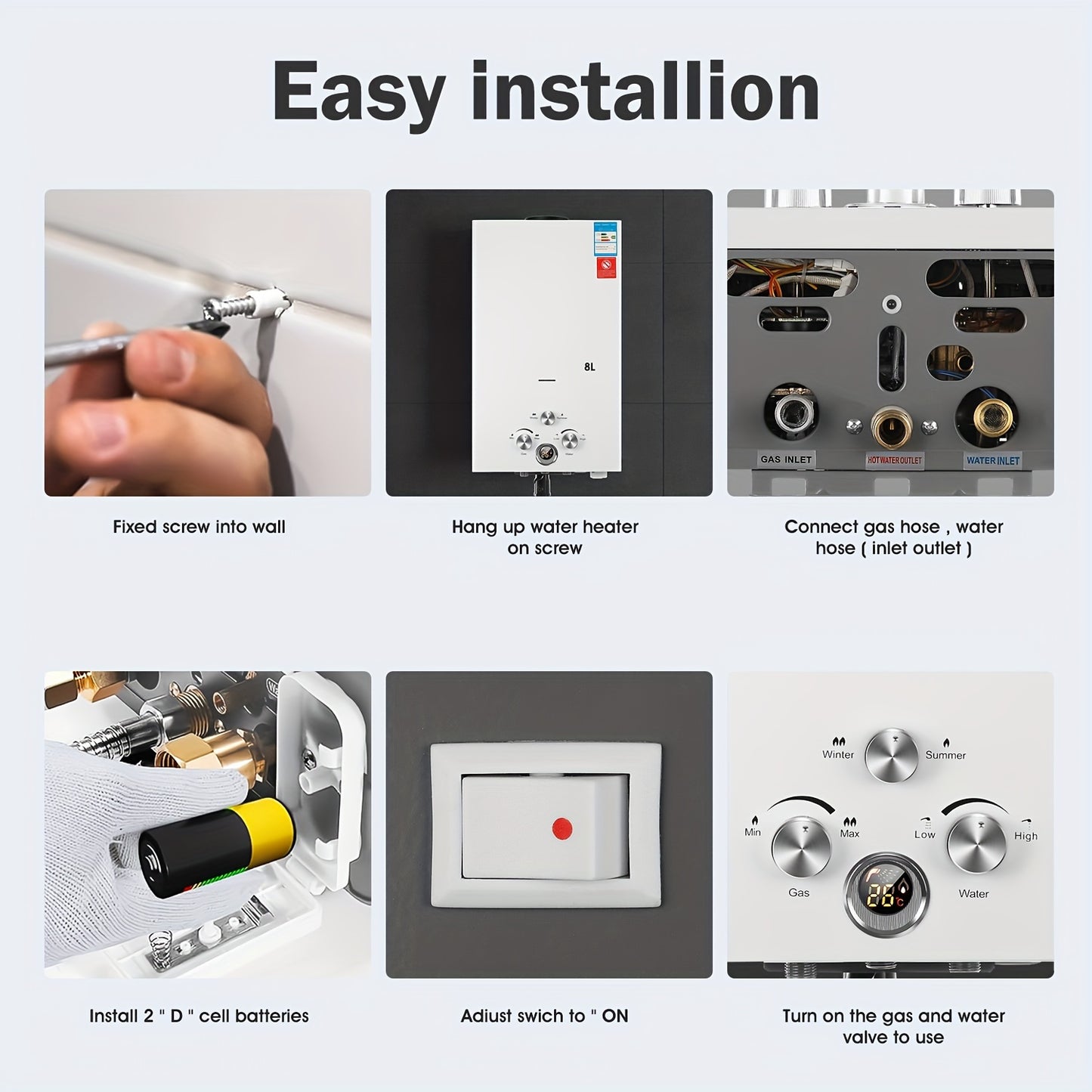 8L Tankless Propane Water Heater with Digital Display - Wall-Mounted