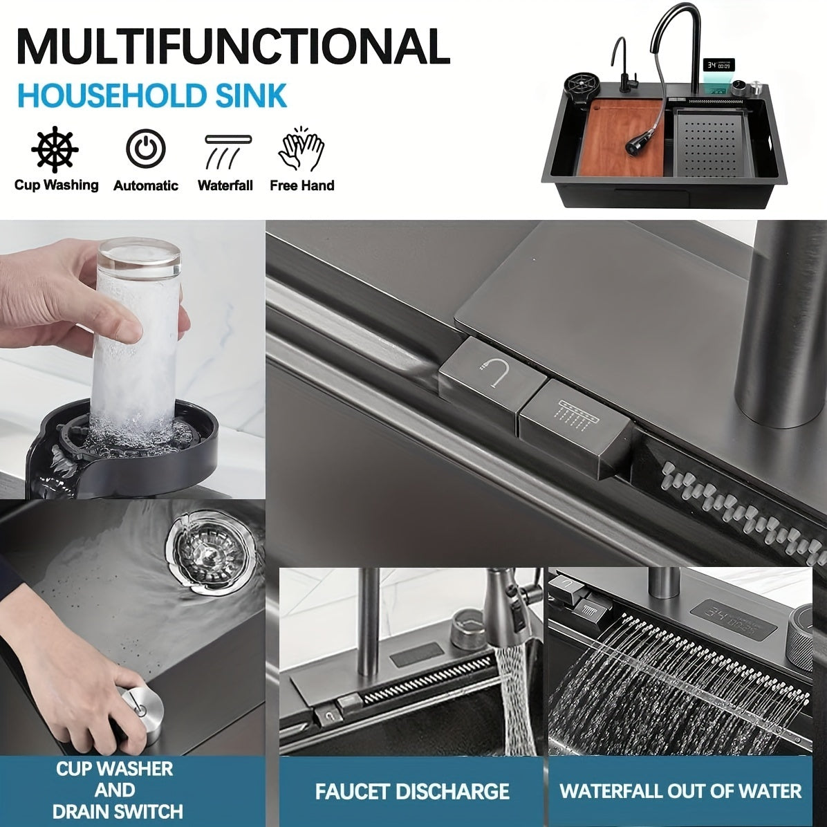 Digital Display Waterfall Sink, Single Bowl Kitchen Sink, Stainless Steel Bar Sink With Pull-down Nozzle Faucet
