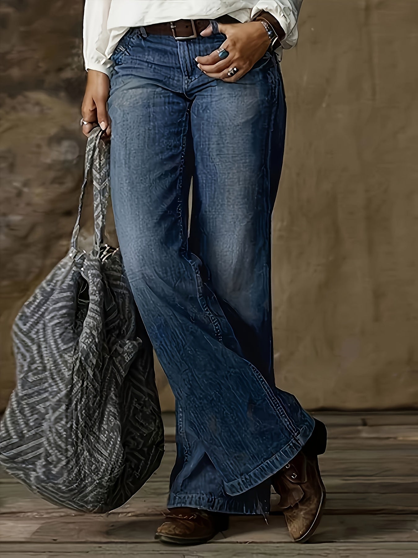 Plus Size Stretch Denim Flare Jeans - Comfort Fit, Mid-Rise, Washed Blue, Slash Pockets