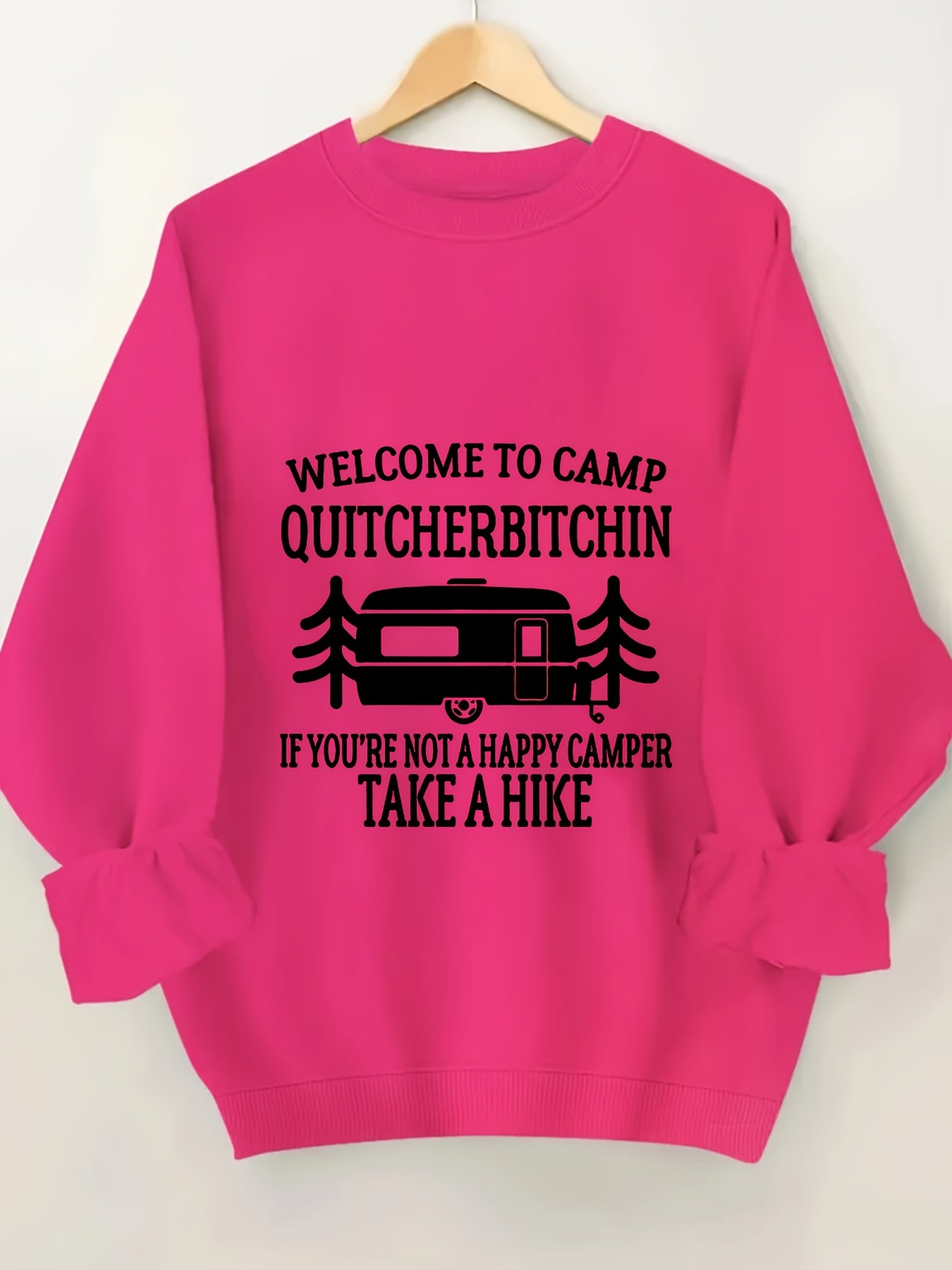 Women's Plus Size Crew Neck Pullover Sweatshirt - Alphabet Print "Welcome to Camp Quitcherbitchin" Graphic