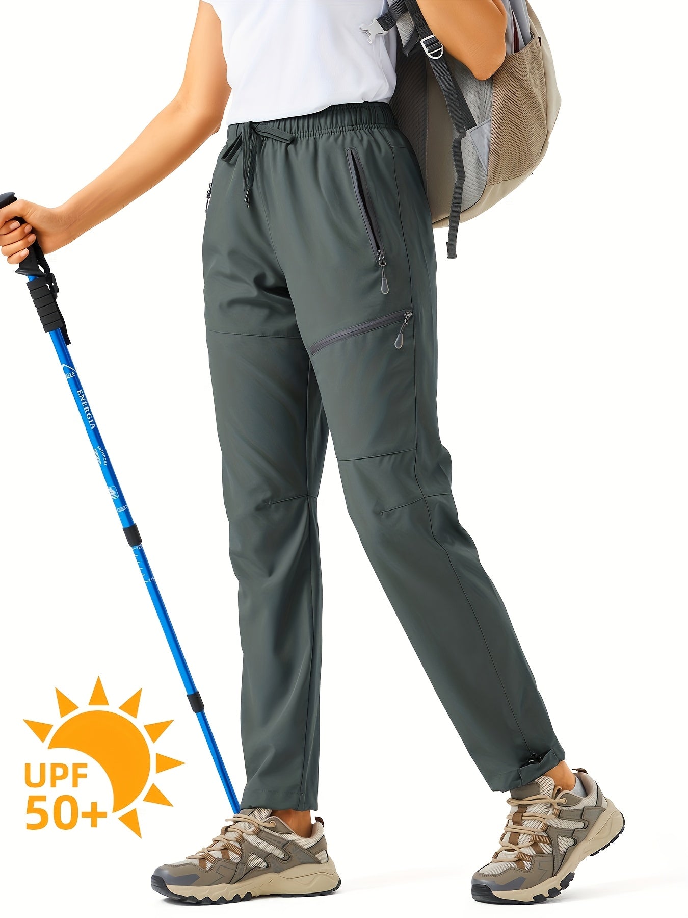 Plus Size Women's Cargo Pants, Lightweight, Quick Dry, Water Resistant, Elastic Waist, Zipper Pockets