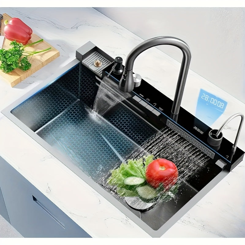 30x18 Inch Modern Stainless Steel Kitchen Sink with Dual Waterfalls, Pull-Out Faucet & Digital Display