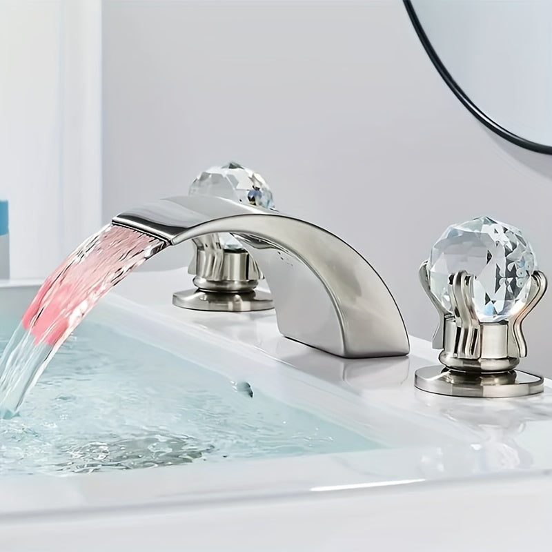 Waterfall Widespread Bathroom Sink Basin Faucet, 3 Hole 2 Handle With LED 8" Widespread LED Bathroom Sink Basin Fauce