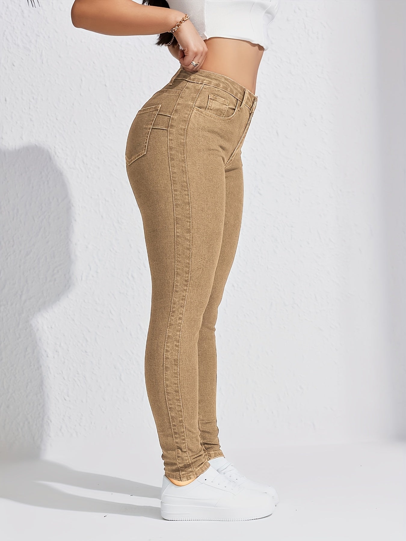 Women's Plus Size Khaki Stretch Skinny Jeans With Slant Pockets, Mid-Rise, Comfort Fit