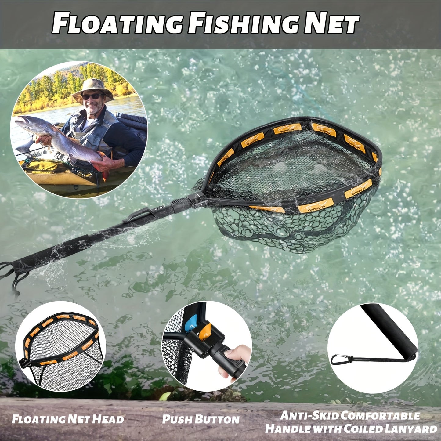 Floating Fishing, Rubber Coated Landing Net for Easy Catch & Release for Easy Transportation & Storage