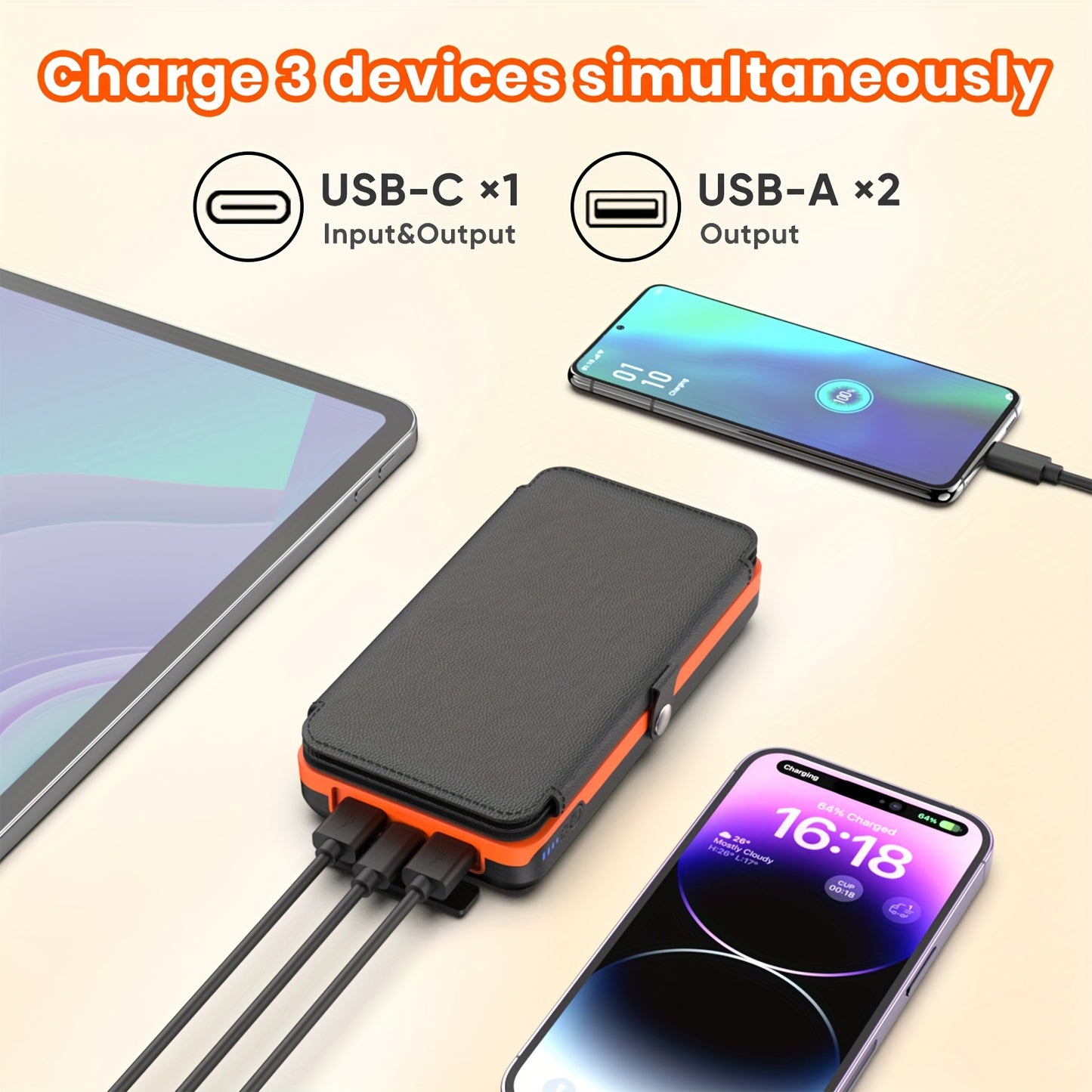 27000mAh Solar Power Bank With 4 Foldable Panels And LED Light, Portable Solar Charger With USB Charging