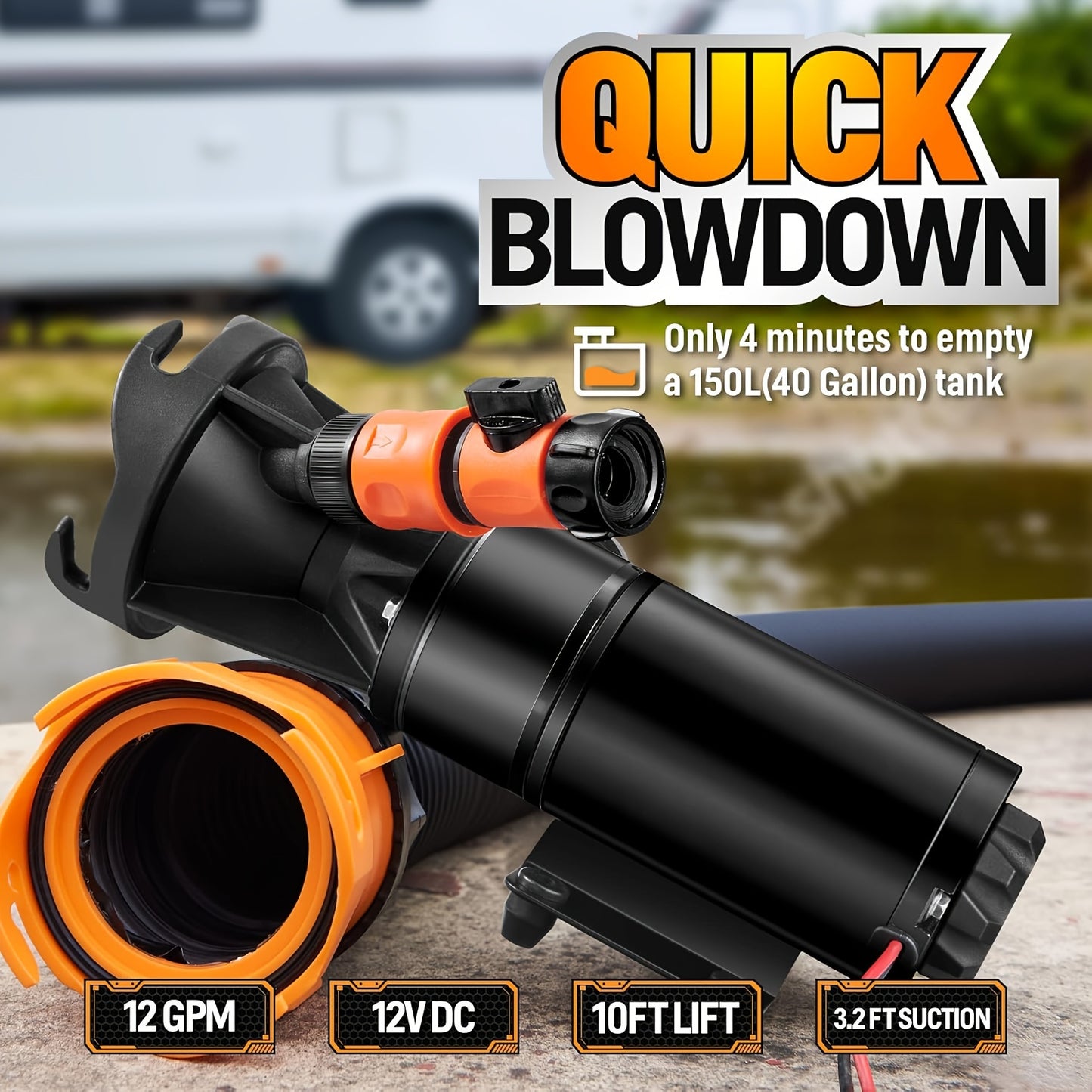Portable 12V RV Macerator Waste Pump Kit - 12GPM, 3.2ft Lift, 10ft Suction, DC Powered, Complete Set with Copper Wiring & Hoses, Ideal for Right Out of Box Setup