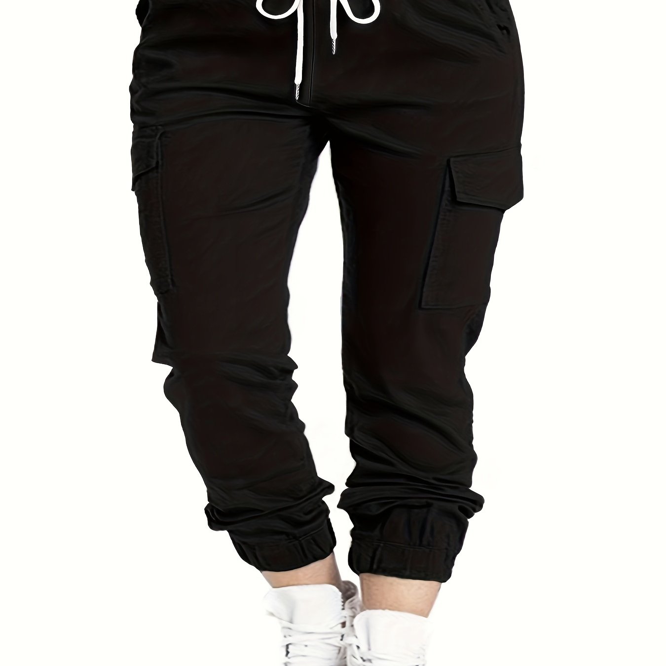 Plus Size Flap Pockets Fitted Bottom Cargo Pants, Drawstring Pants