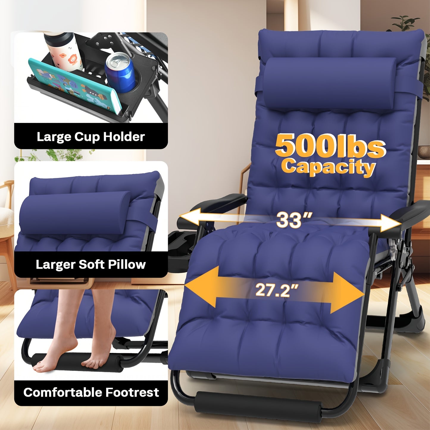 Zero Gravity Chairs XXL, 33In Padded Zero Gravity Lounge Chair