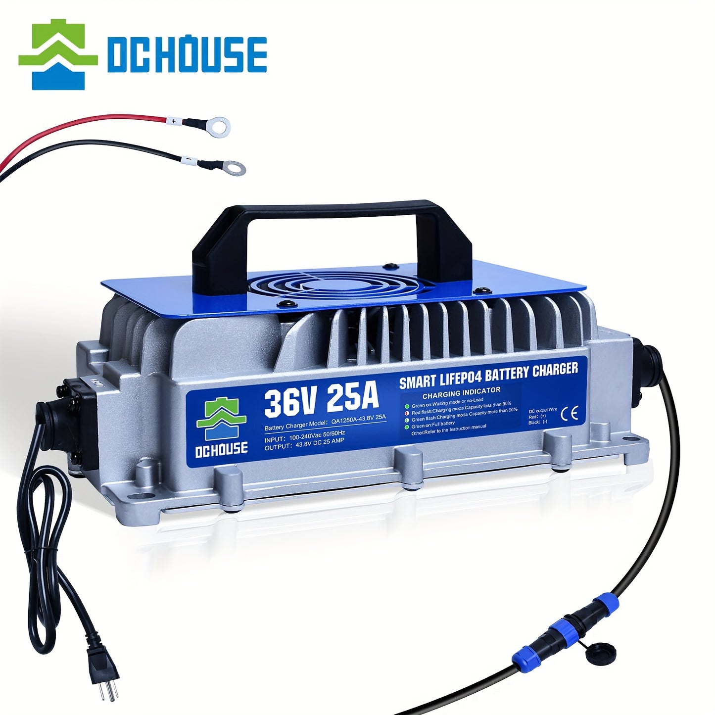 36V 25A Smart Lithium Battery Charger - Compact Aluminum Alloy with Built-In Cooling Fan, Overcharge & Short Circuit Protection