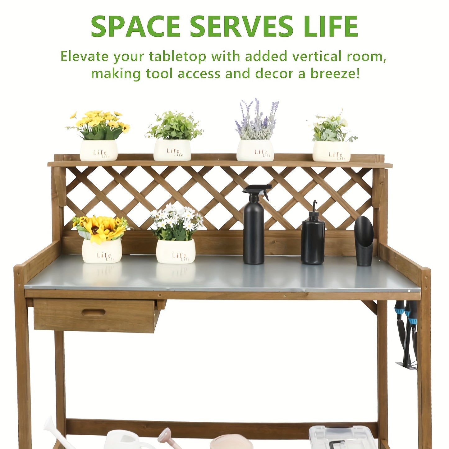 Wooden Potting Bench Table, Natural Wood Garden Work Station With Metal Table Top, Drawer, Large Bottom Shelf