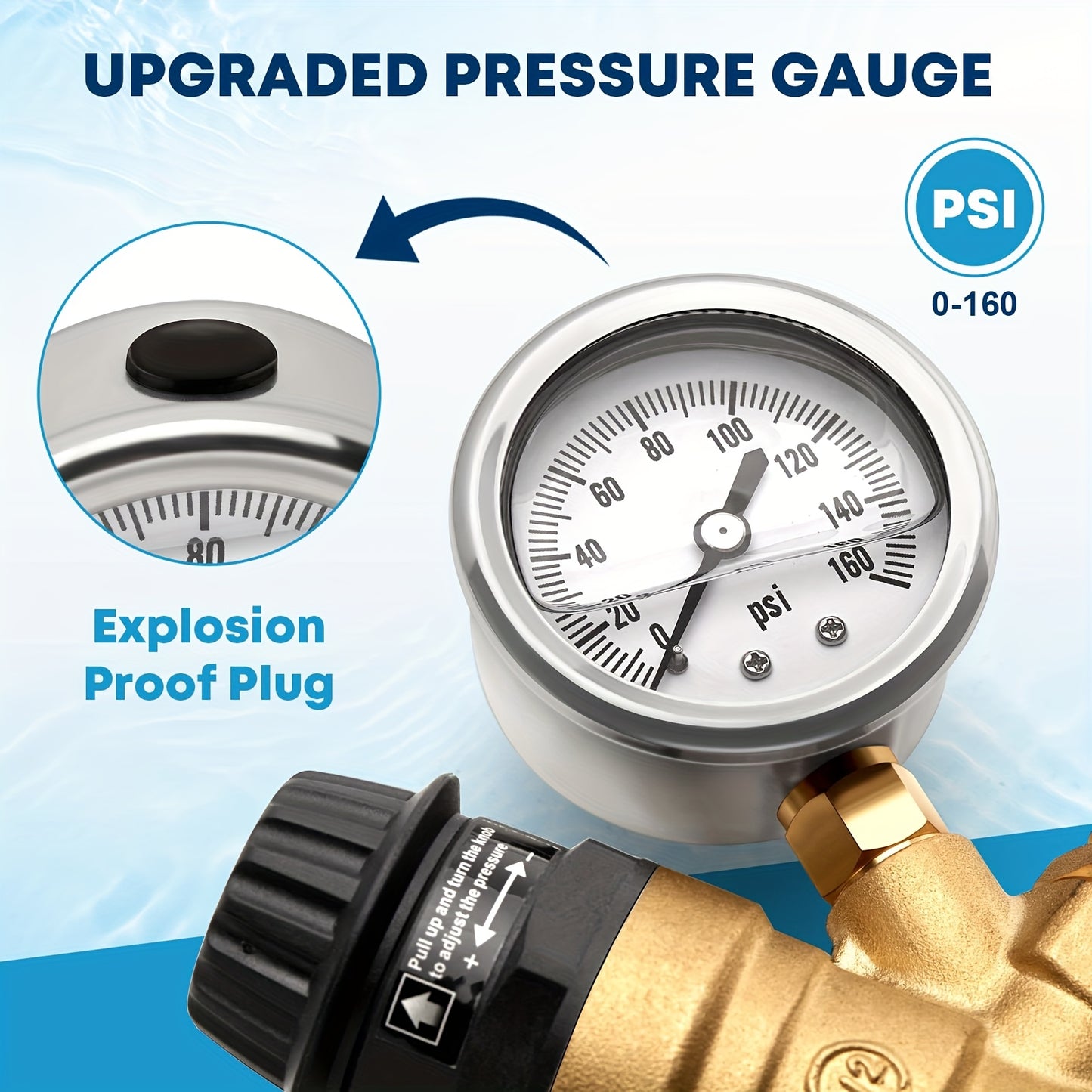 RV Water Pressure Regulator, Adjustable Handle Brass Lead-Free Reducer Valve, Water Pressure Regulator With Gauge And 2 Inlet Screened Filters