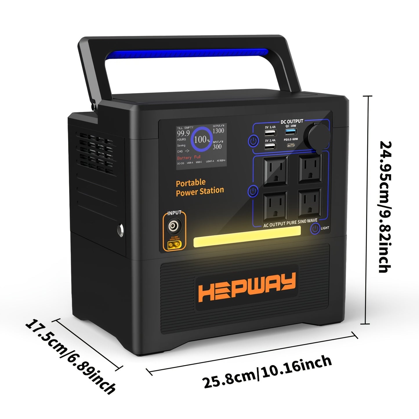 1300W Portable Power Station with AC Outlet, Pure Sine Wave, DC & USB QC3.0 Outputs, 52Ah Lithium Battery