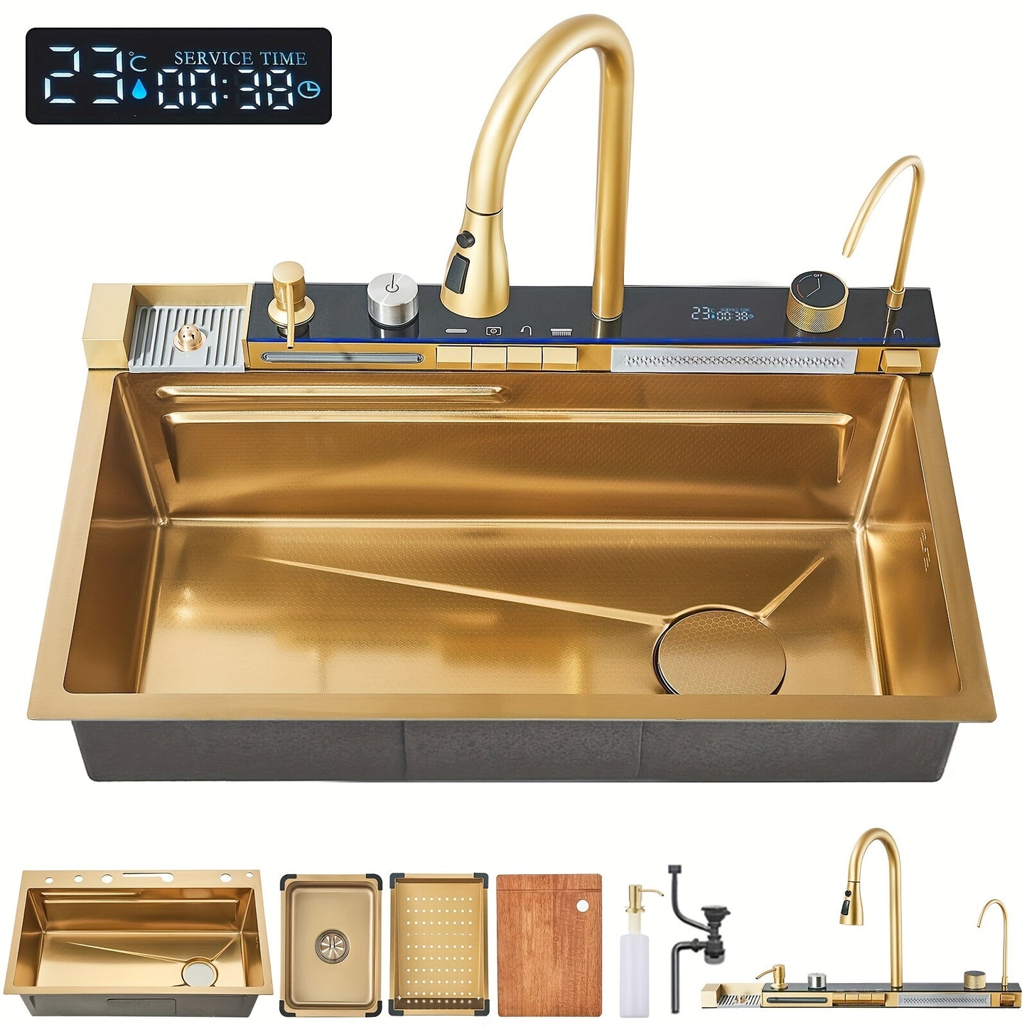 Golden Multifunctional Waterfall Digital Display Sink, 304 Stainless Steel 1 Basin, Smart Sink with Integrated Tap