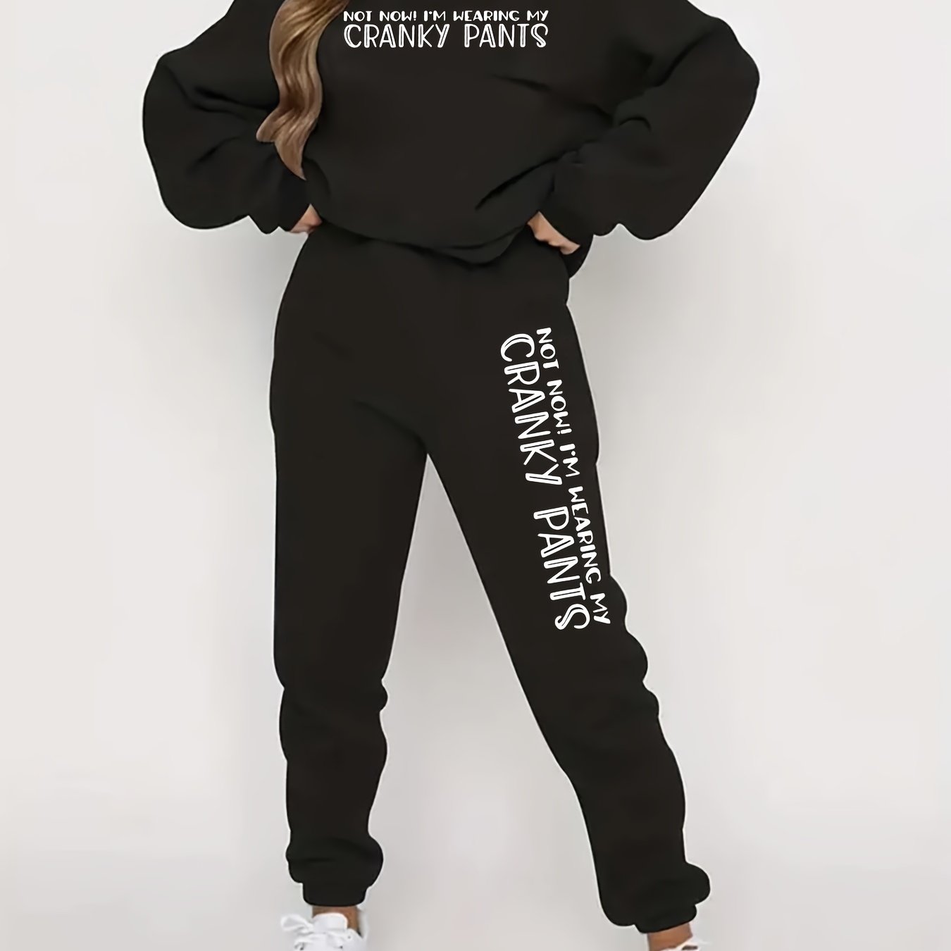 Women's Plus Size Two-Piece Set - "I DON'T GIVE A CHANkey PANTS" Print, Black Long Sleeve Hoodie & Joggers, Polyester, Machine Washable