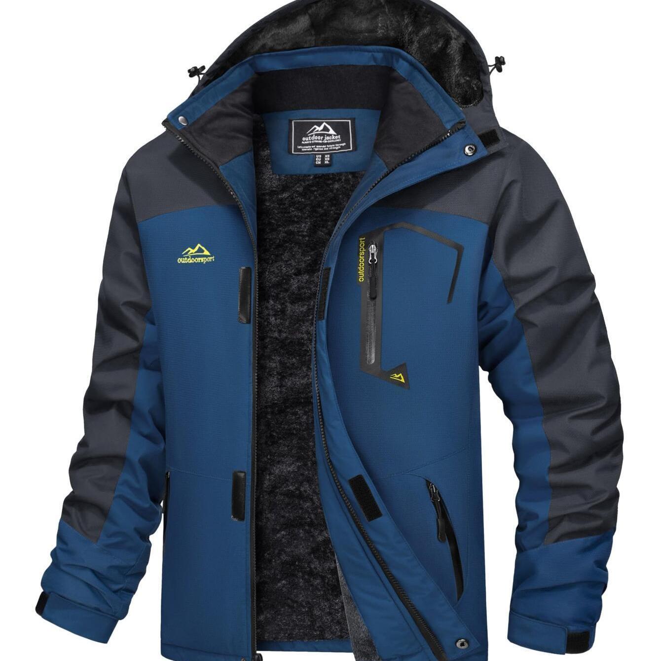 Men Winter Ski Snow Jacket - Multiple Zipper Pockets, Large Storage, Removable Hood, Adjustable Cuffs