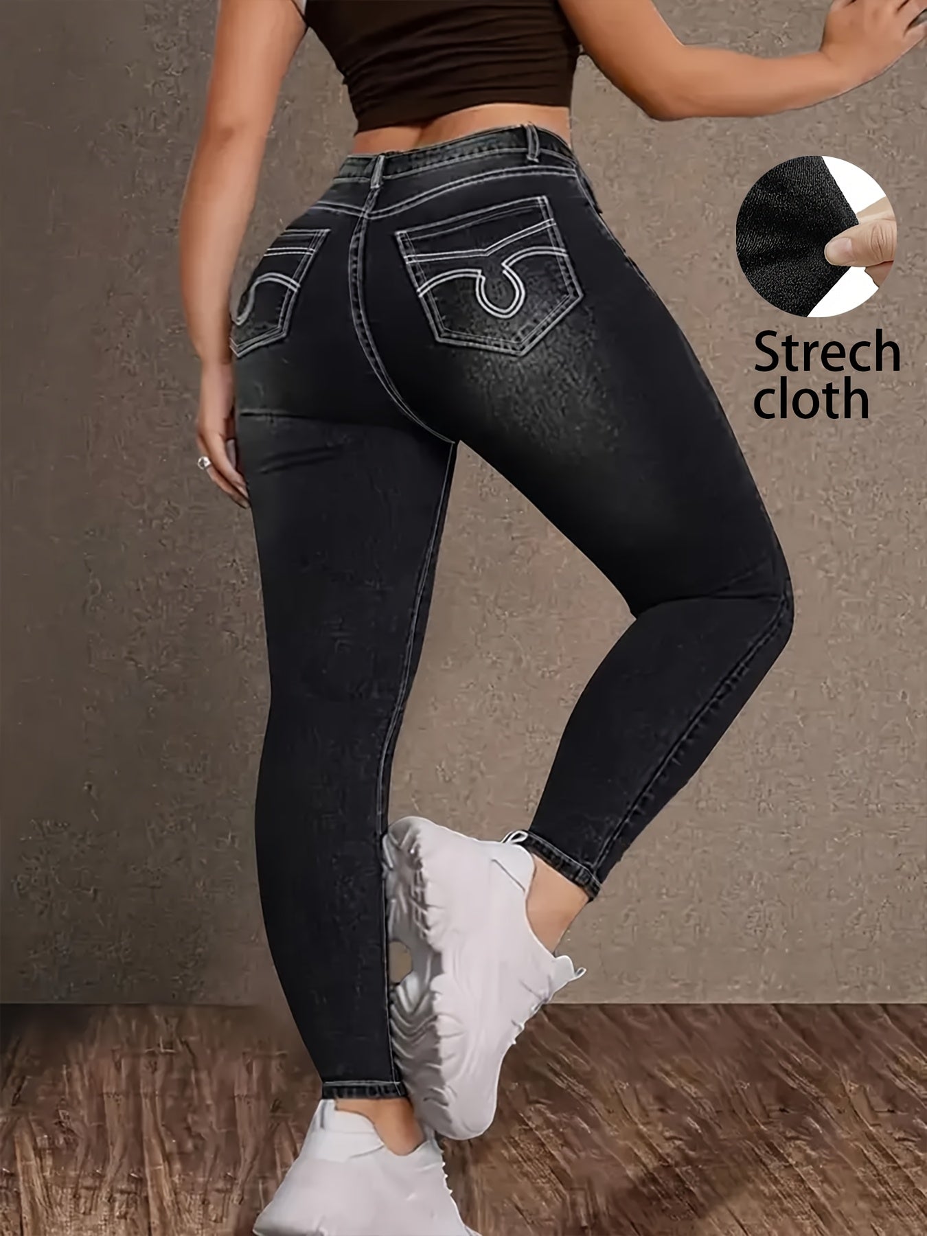 Vintage Black High-Waist Stretch Denim Jeans - Plus Size, Geometric Embroidery, Pockets, Rayon Blend