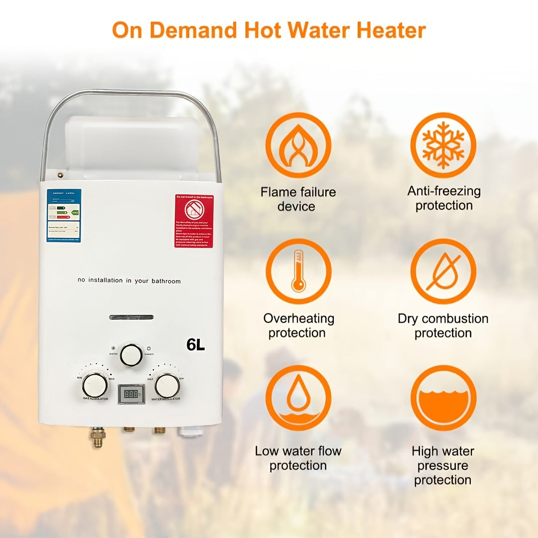 Portable Tankless Water Heater - 6L, 1.58GPM Propane, Overheat Protection