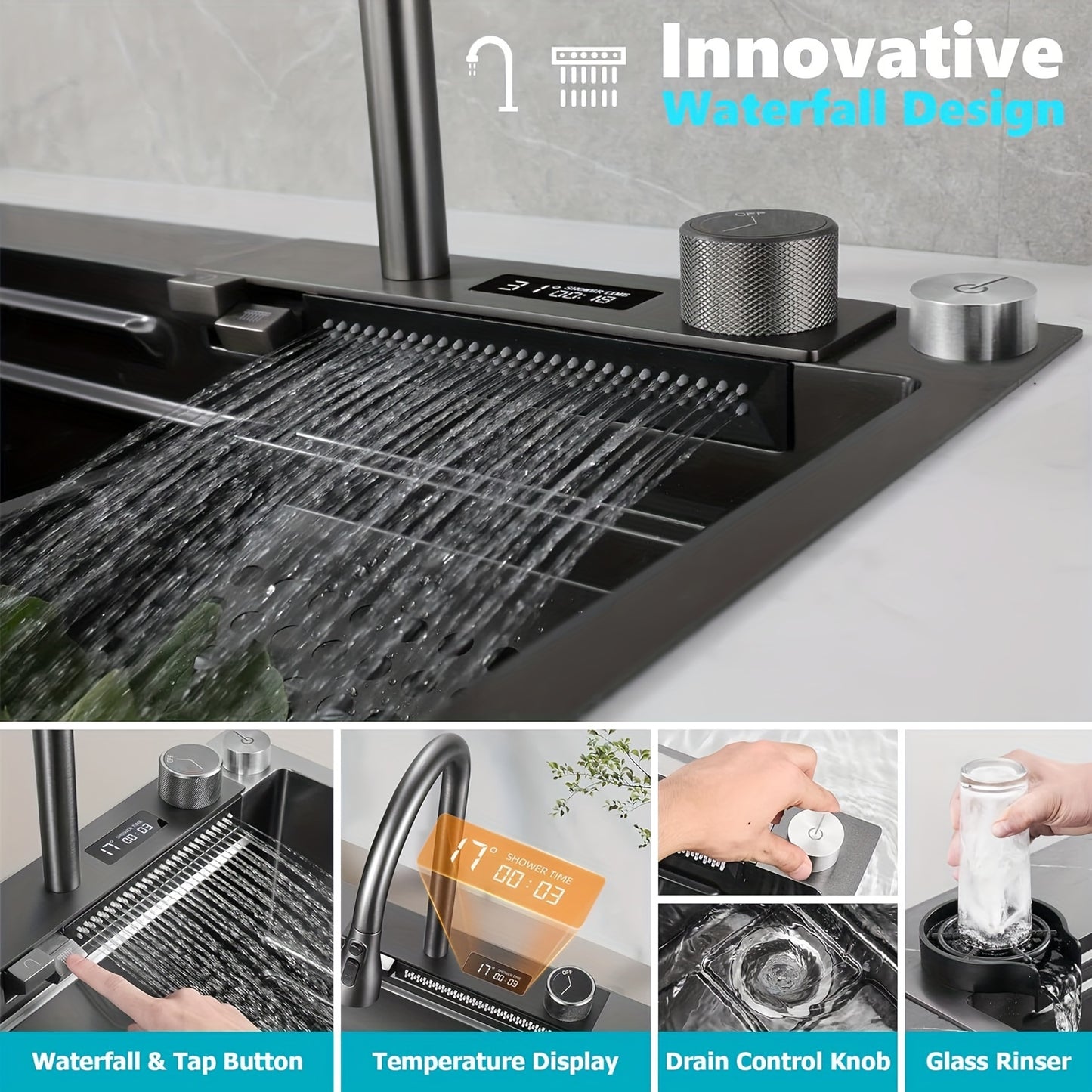 Digital Display Waterfall Sink, Single Bowl Kitchen Sink, Stainless Steel Bar Sink With Pull-down Nozzle Faucet