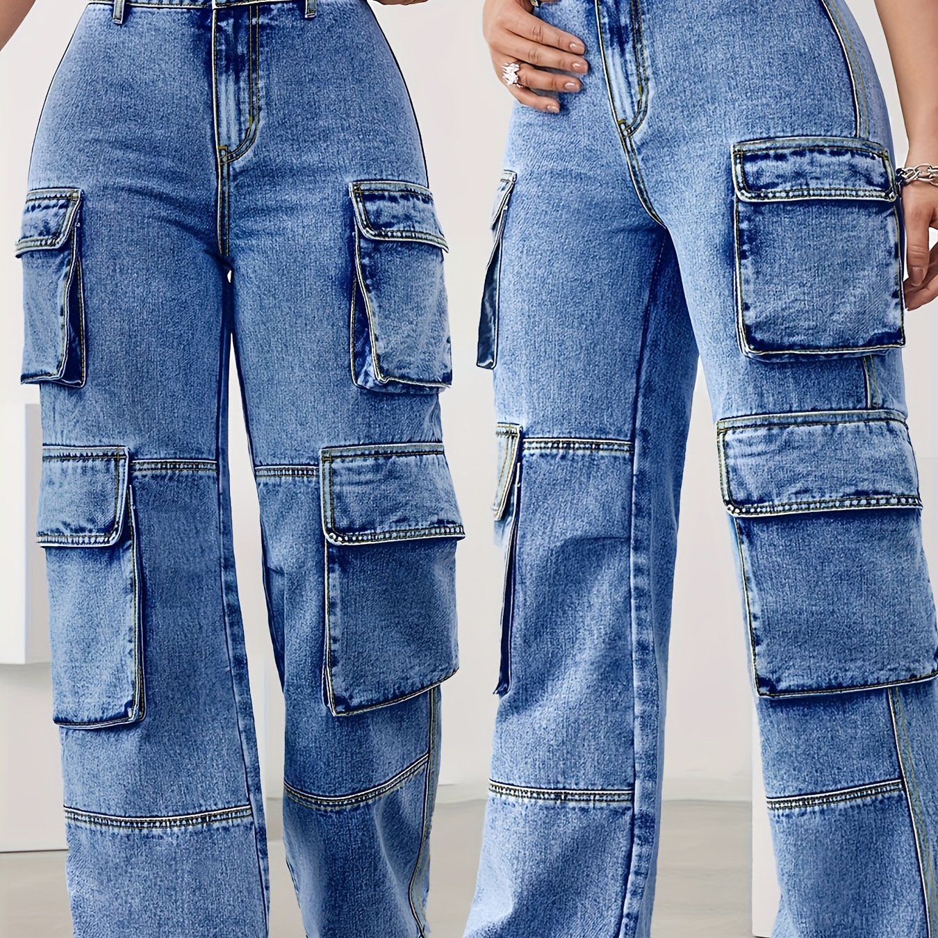 Plus Size High Waist Cargo Jeans - Multi-Pocket Design, High Stretch Denim, All-Season Long Length Pants