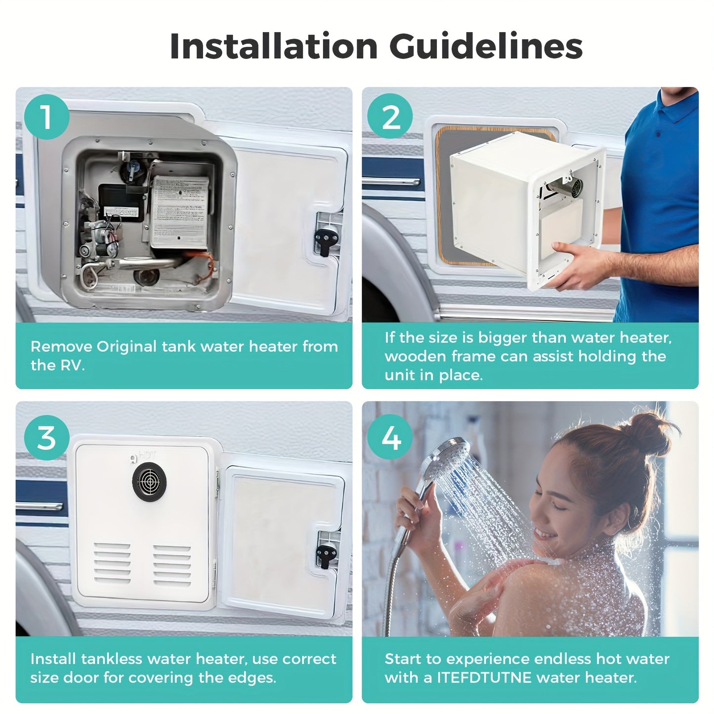 65, 000 BTU RV Tankless Water Heater, Upgraded RV Water Heater With White Door And Remote Controller, 12V DC, On Demand Instant Hot Water Heater