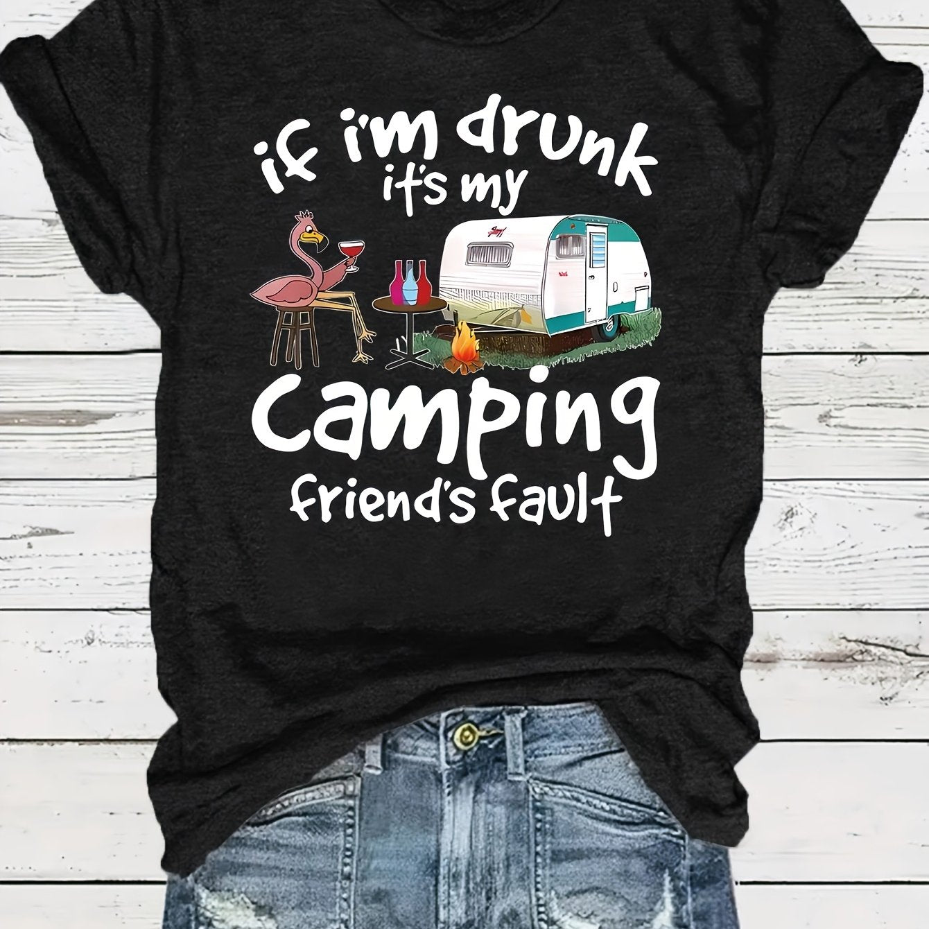 Women's Plus Size Casual Black T-Shirt with "If I'm Drunk" Camping Graphic - Short Sleeve, Round Neck, Comfortable Polyester