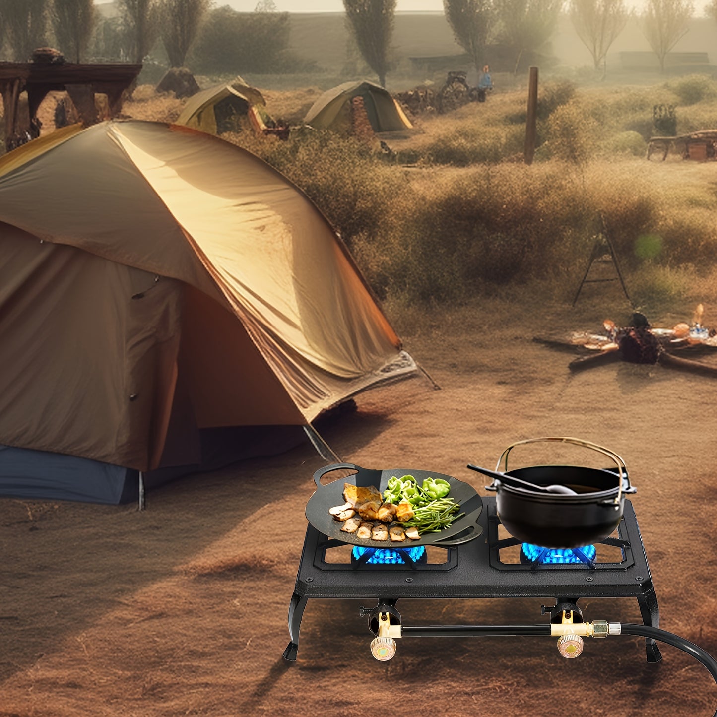 Portable Camping Stove | Dual Burner | Cast Iron | Freestanding | with Regulator and Gas Hose