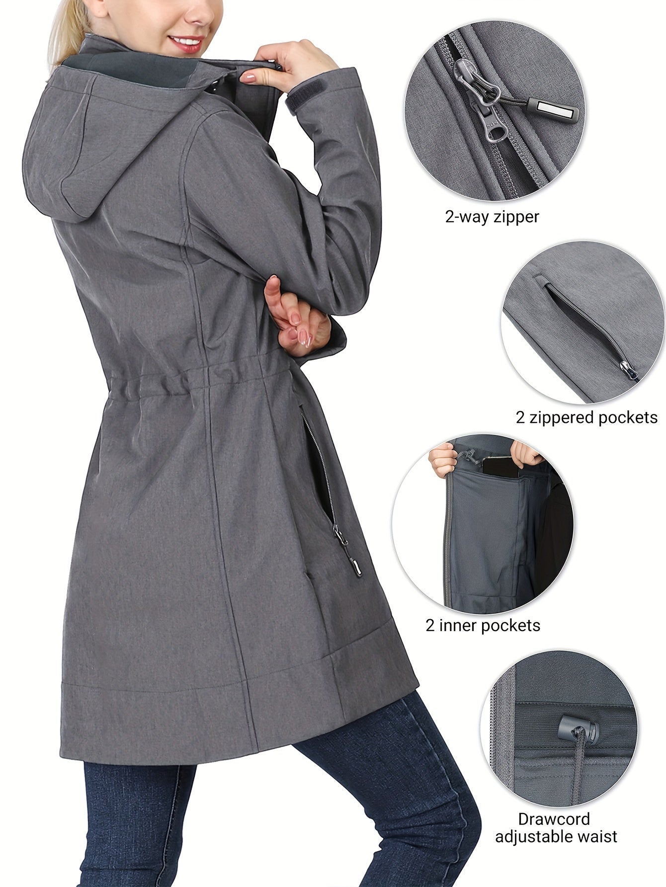 Women's Waterproof Softshell Long Rain Jacket with Hood