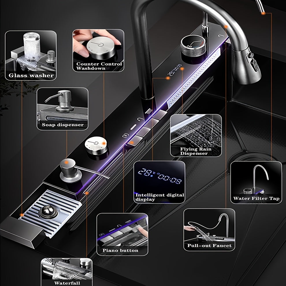 Multi-function Digital Display Waterfall Kitchen Sink, Black Stainless Steel Sink With Two Waterfalls And A Cup Washer