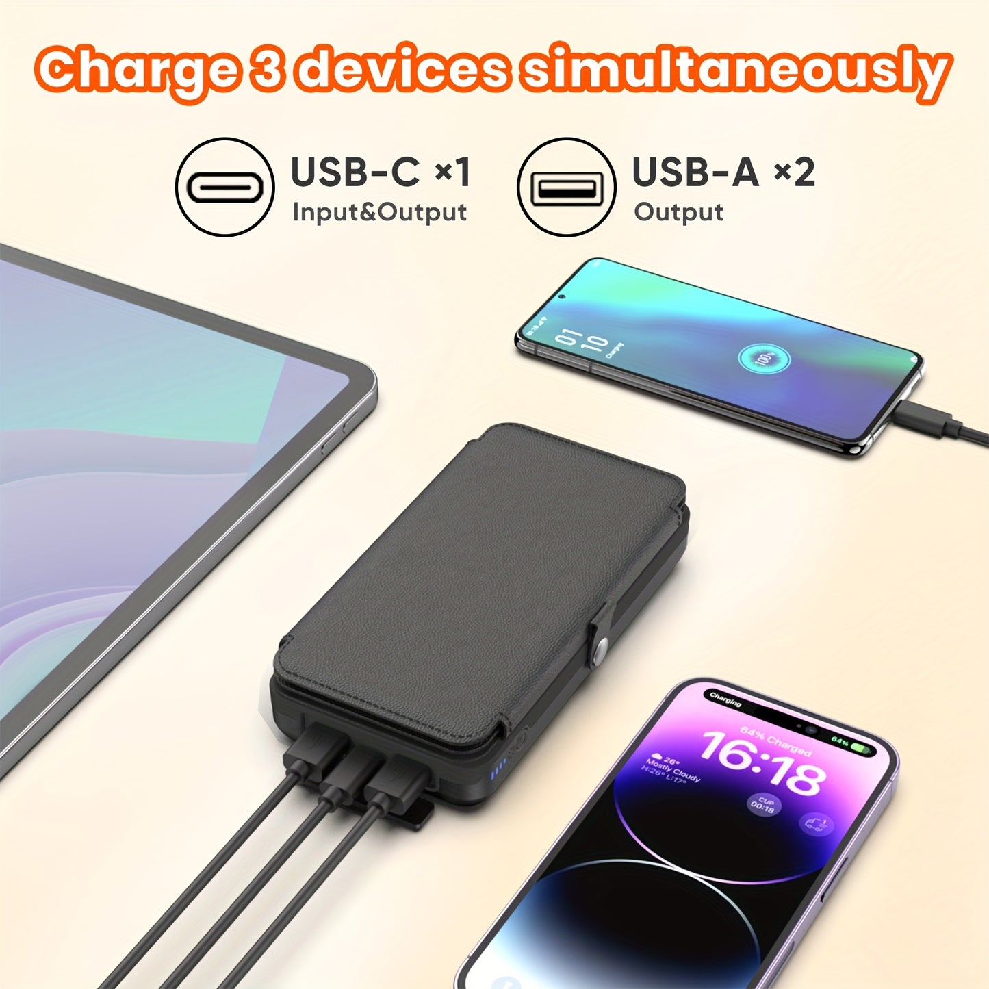 27000mAh Solar Power Bank With 4 Foldable Panels And LED Light, Portable Solar Charger With USB Charging