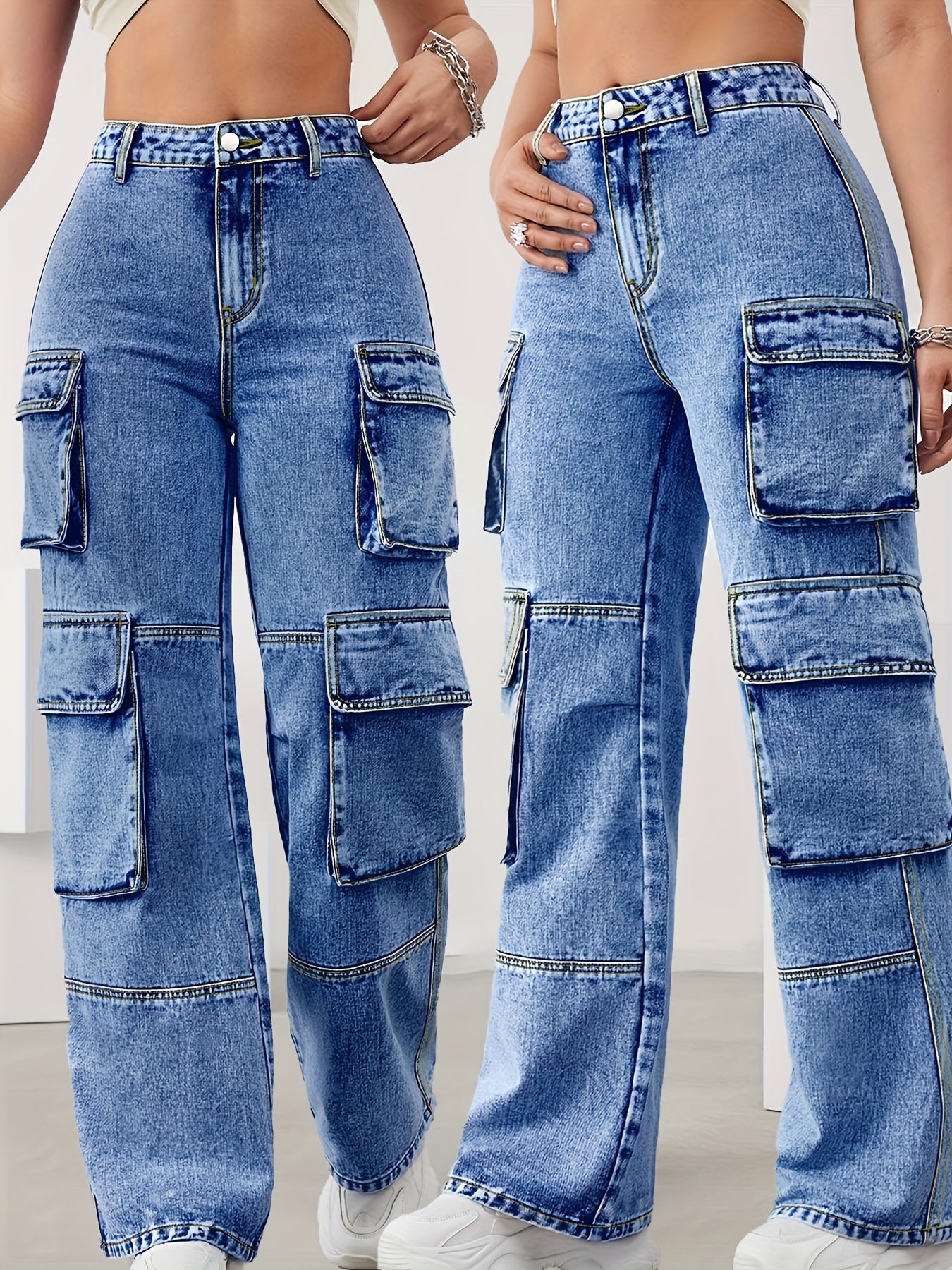 Plus Size High Waist Cargo Jeans - Multi-Pocket Design, High Stretch Denim, All-Season Long Length Pants