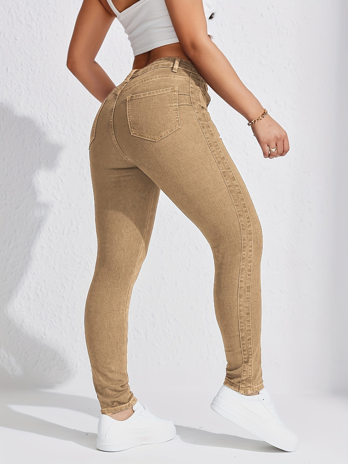 Women's Plus Size Khaki Stretch Skinny Jeans With Slant Pockets, Mid-Rise, Comfort Fit