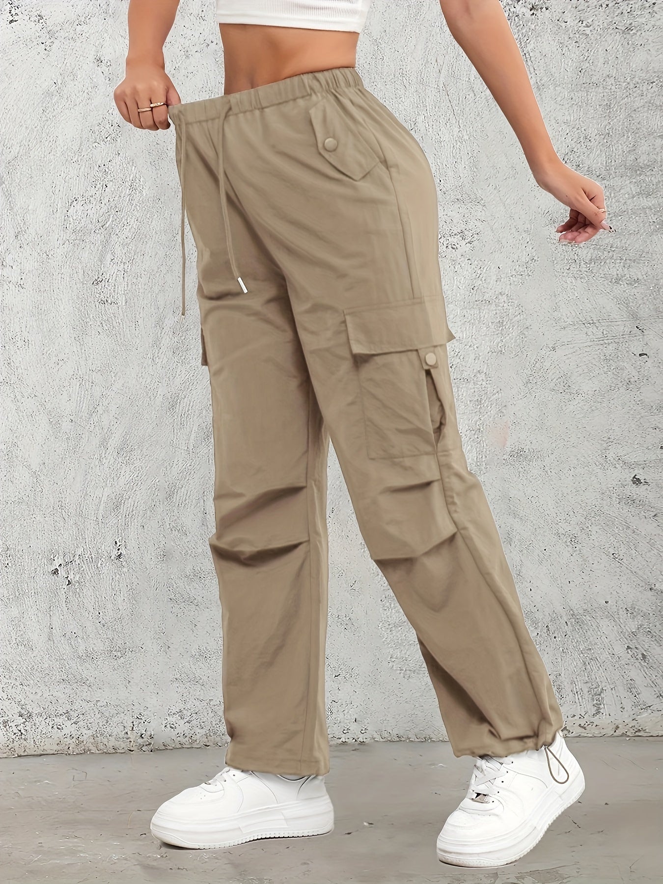 Women's High-Waist Cargo Pants with Elastic Drawstring Waistband, Multi-Pocket Design
