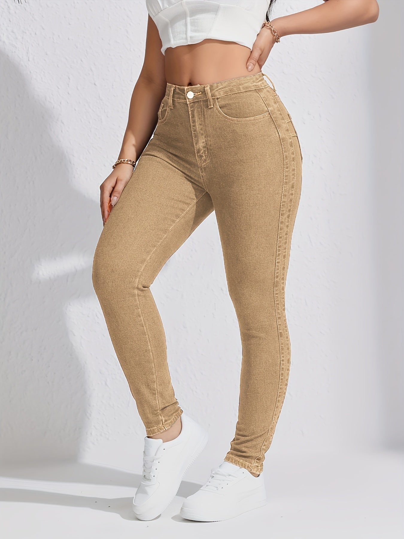 Women's Plus Size Khaki Stretch Skinny Jeans With Slant Pockets, Mid-Rise, Comfort Fit