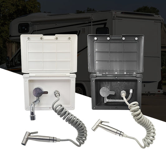 RV Water Container with Foldable Faucet & Quick-Connect Shower Head - Durable Plastic