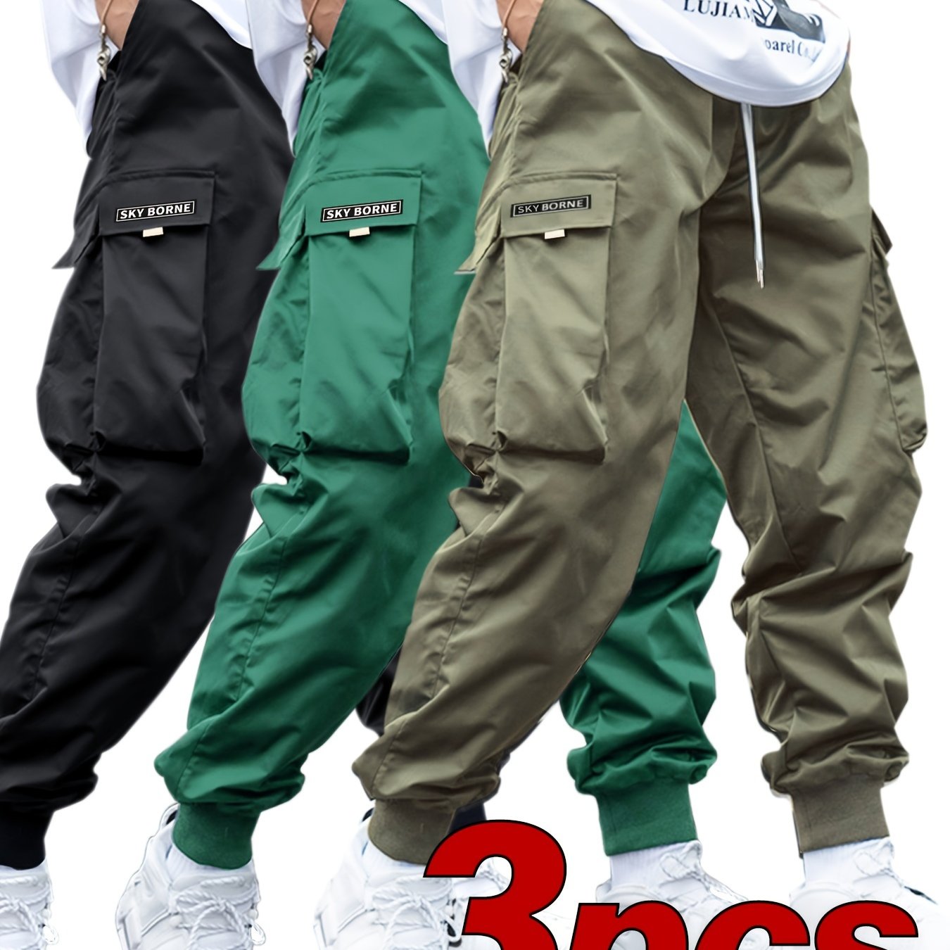 Men's Casual Letter Pattern Cargo Pants Set of 3, Mid-Rise Woven Fabric Trousers with Drawstring Waist, Belt Loops