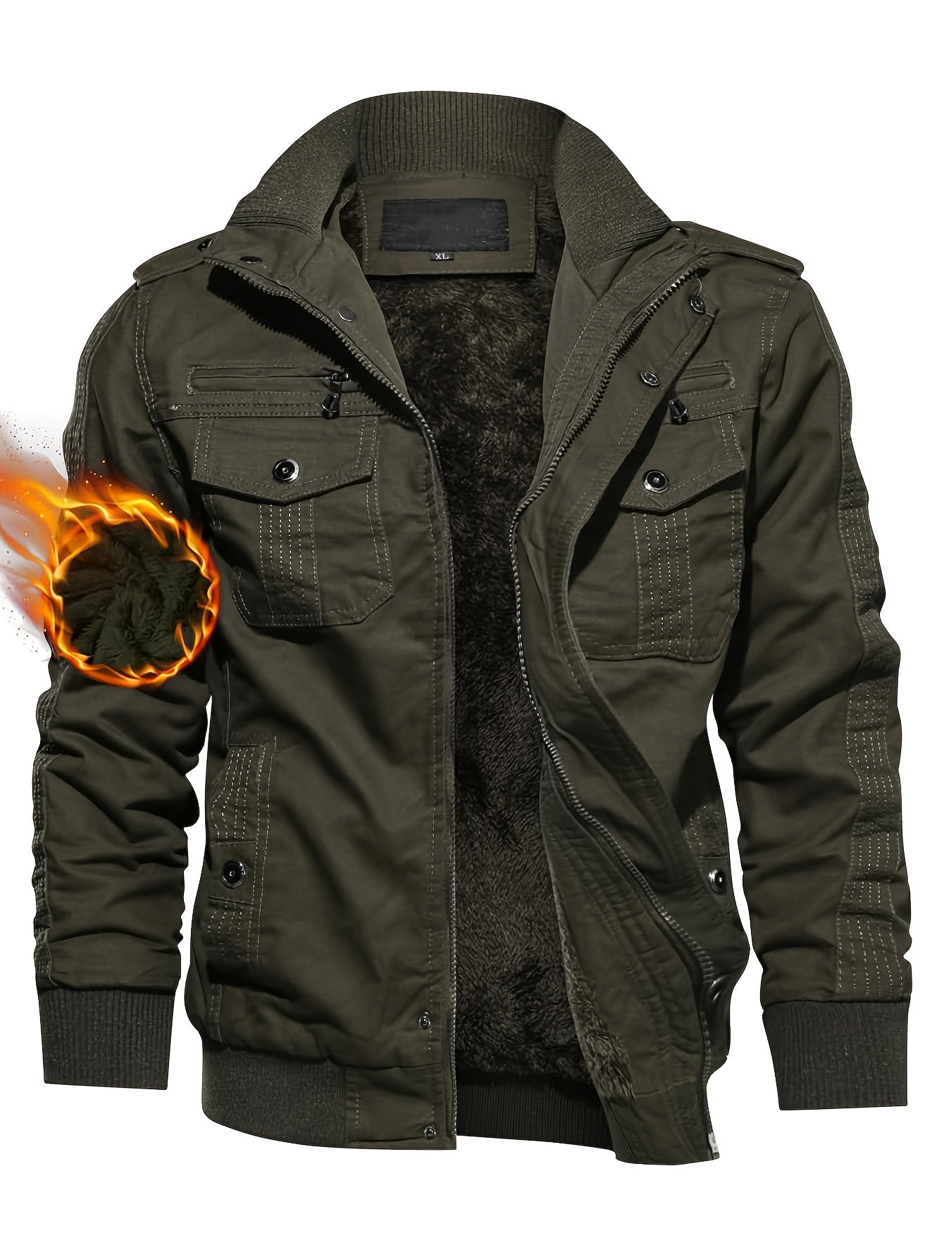 Men's Winter Casual Jacket With Hooded Fleece Lined Multi-pockets Knitted Ribbed Cuffs Hem Windproof