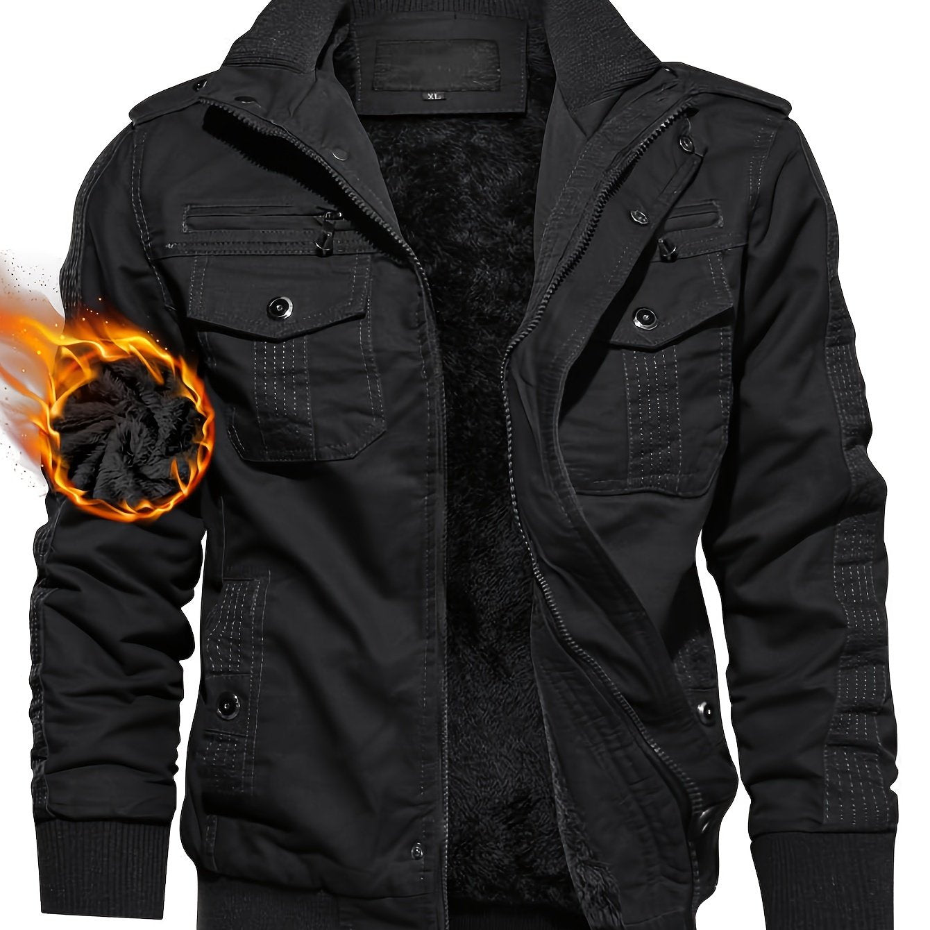 Men's Winter Casual Jacket With Hooded Fleece Lined Multi-pockets Knitted Ribbed Cuffs Hem Windproof