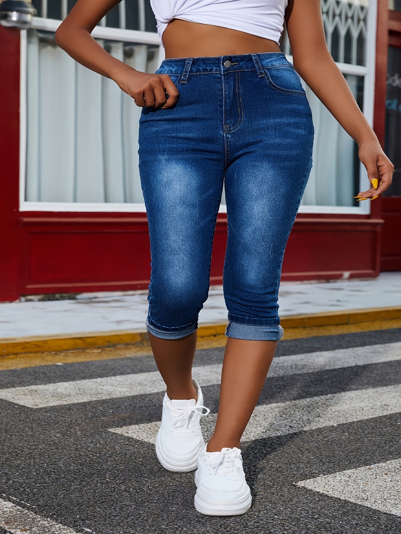 [Stretchy Comfortable Jeans] Plus Size High-Elasticity Capri Jeans - , Mid-Calf Length, Slash Pockets, Zip Closure