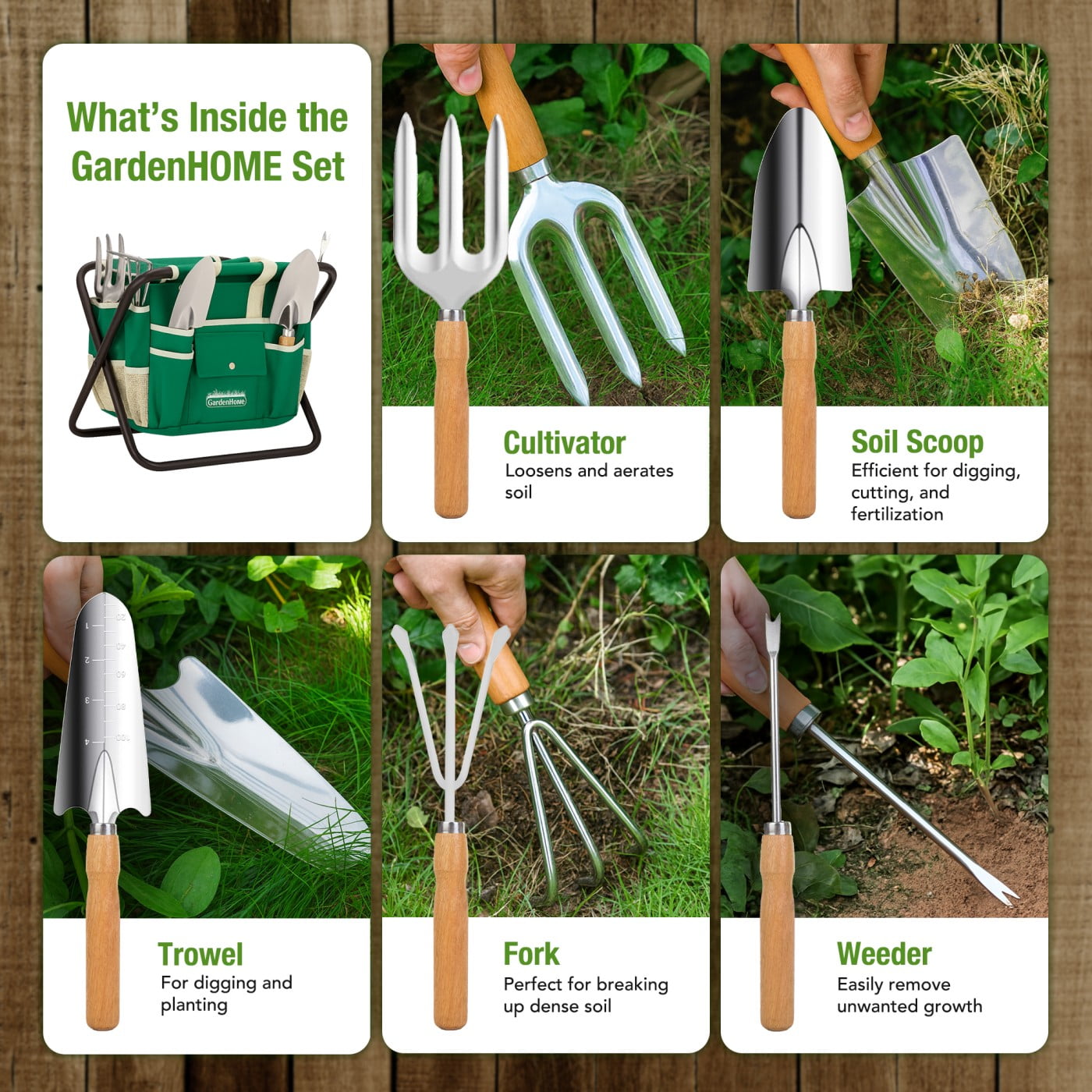 GardenHOME 7-piece gardening tool kit with bag and foldable stool, showing gardening tools and compact storage case.