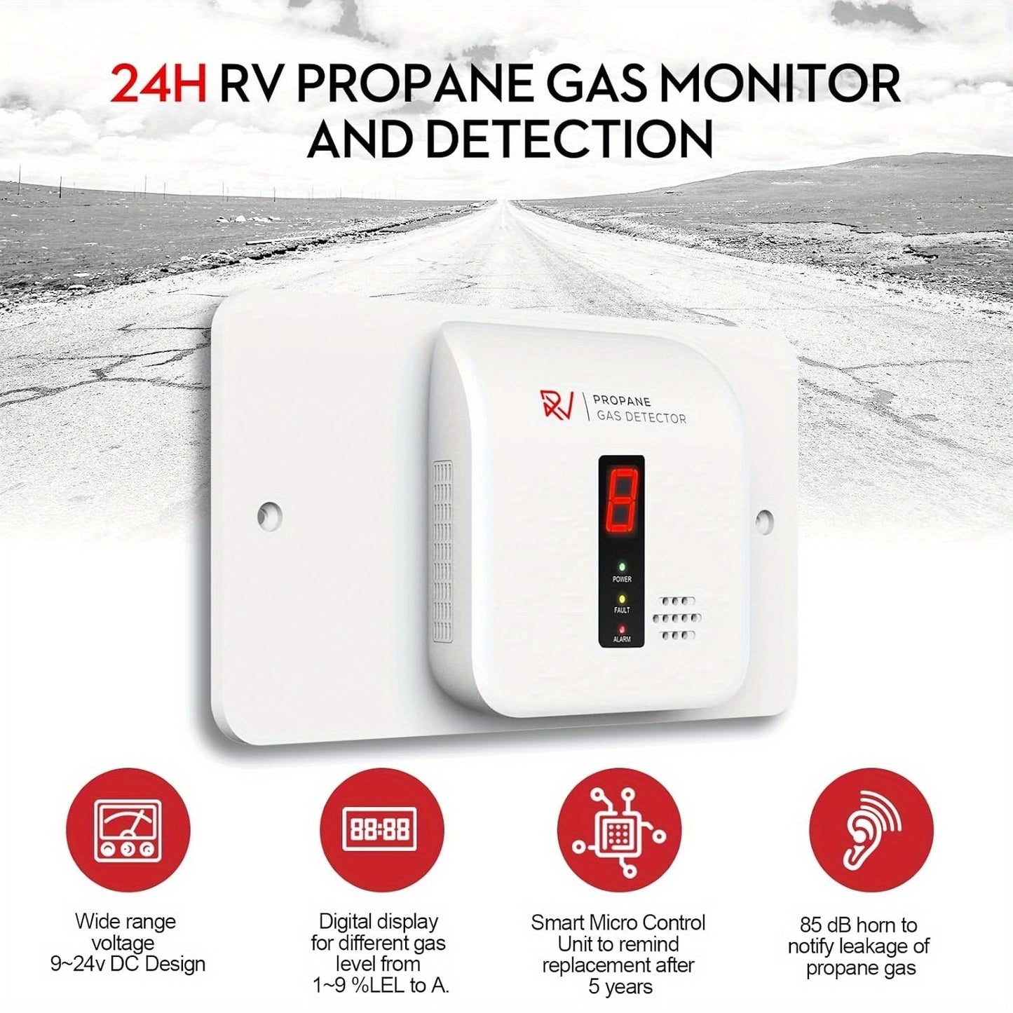 RV Propane Gas Detector, RV Hardwired DC 12V Gas & LP Leak Detector With Digital Alarm