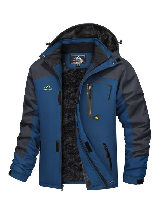 Men Winter Ski Snow Jacket - Multiple Zipper Pockets, Large Storage, Removable Hood, Adjustable Cuffs